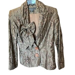 Credibility By Sheri Drobnick Overstitch Bow Jacket Lined Sheen Olive Patterned